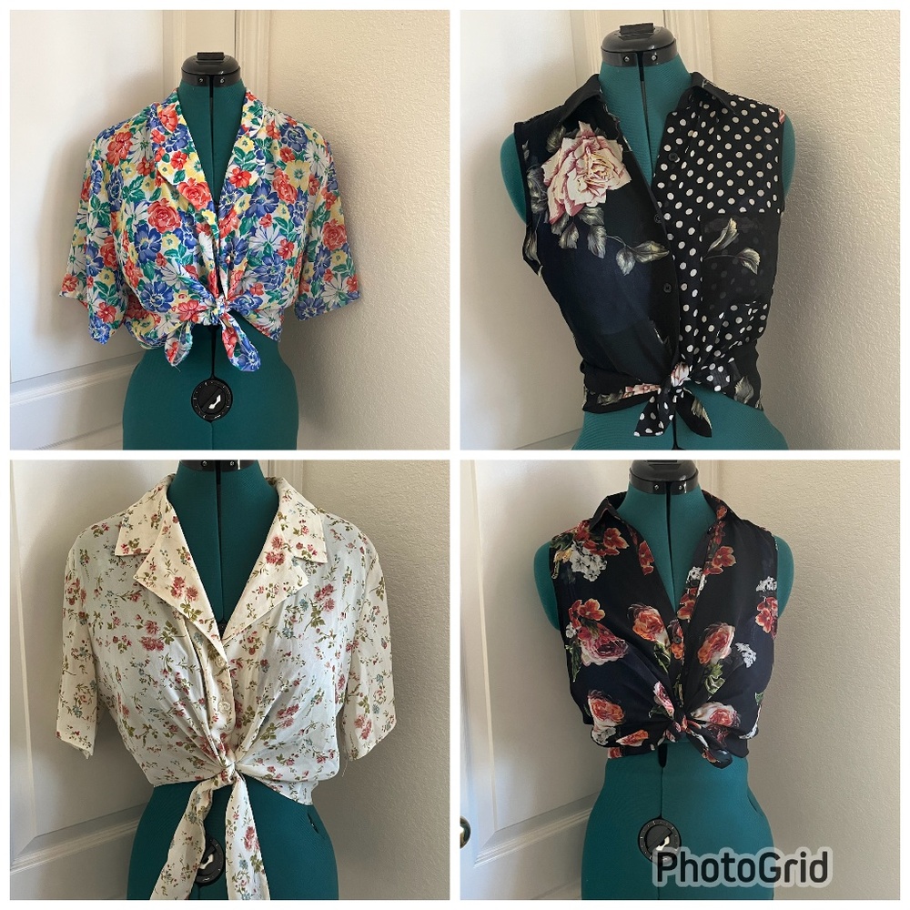 Bundle - 4 Crepe Chiffon Floral Vintage Summer Blouses Shirt Top Tie Waist